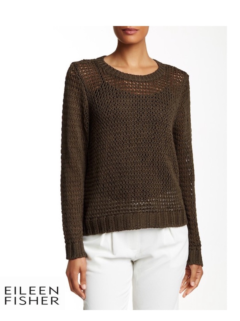 Eileen Fisher Olive Open-Weave organic Crewneck Sweater XS